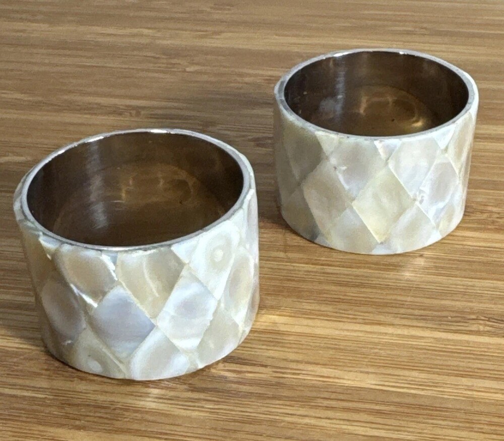 Vintage Silver Tone Mother Of Pearl Napkin Holders Set Of TWO Fish Scale Mosaic